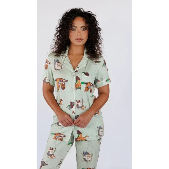 In My Sundays Fancy Fowl Pajama Set Women's Small Duck Sleepwear Green Button Up - Picture 3 of 11
